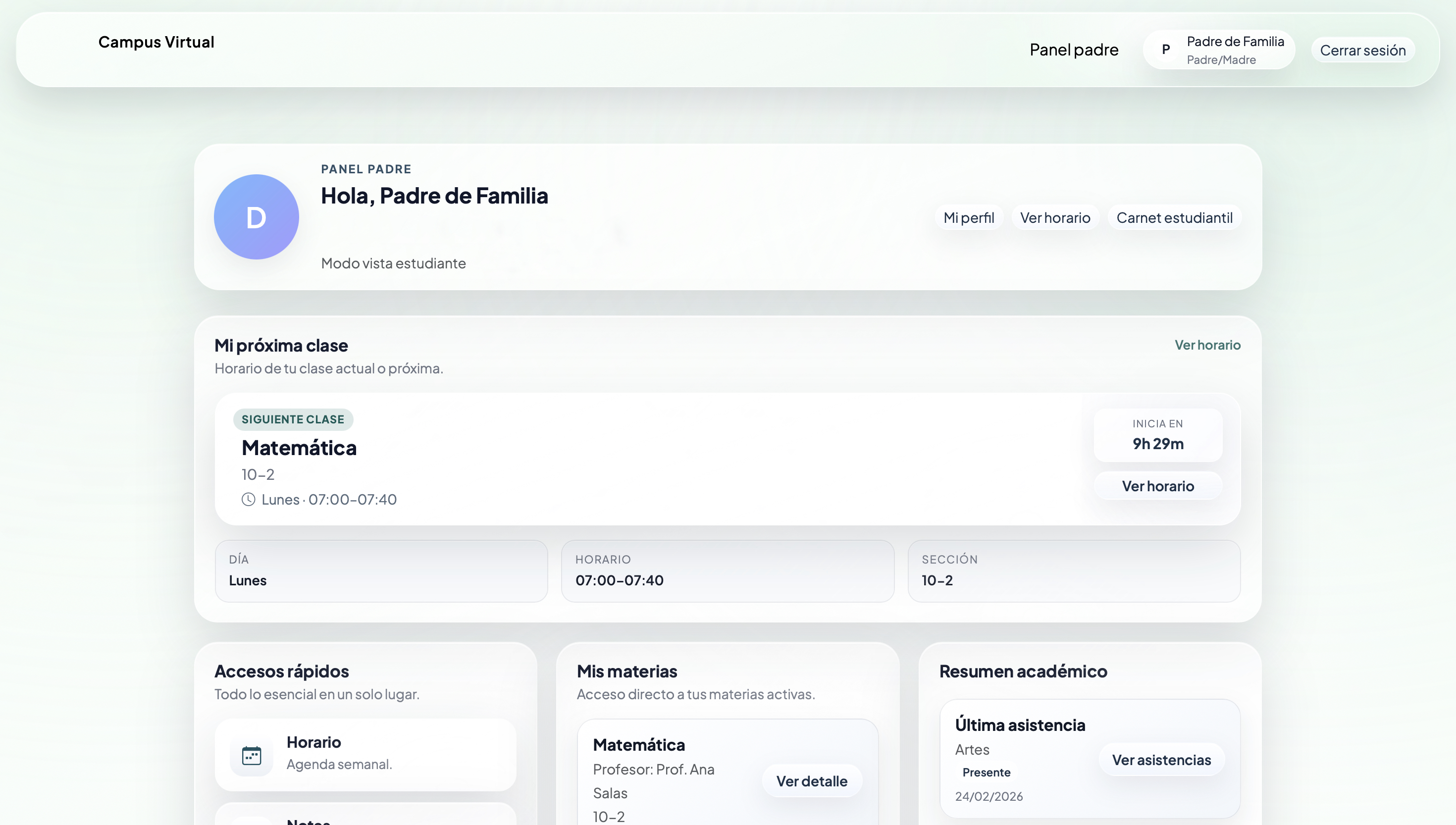 Vista del panel de padre de familia