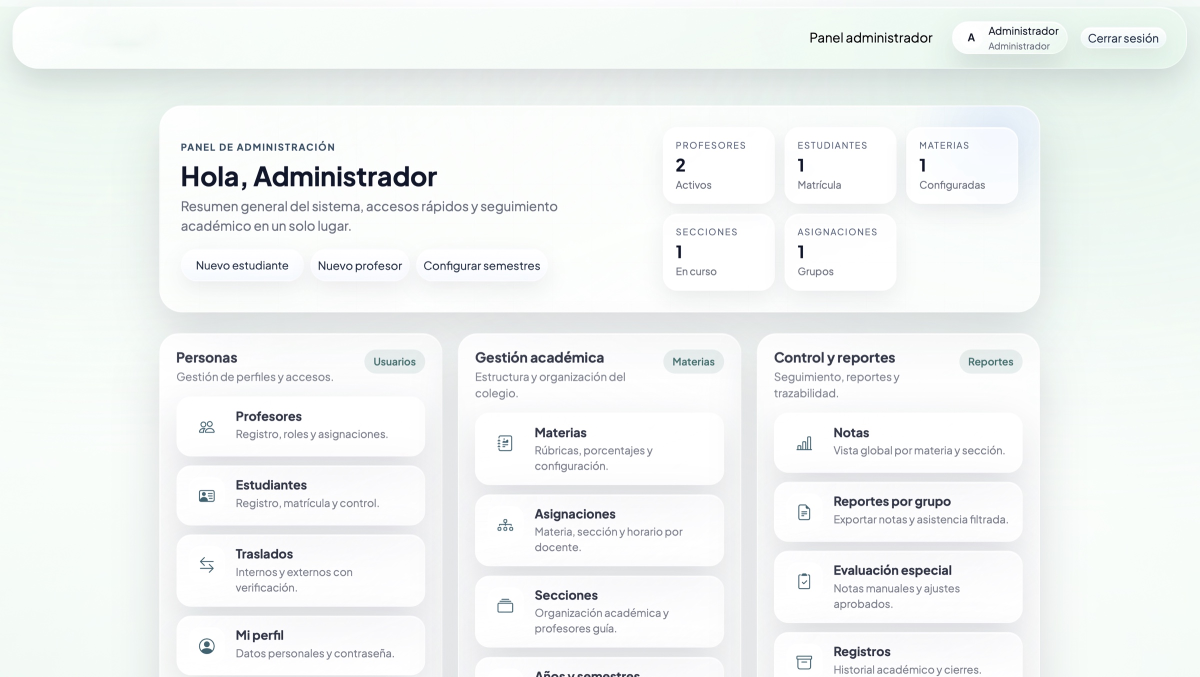 Vista del panel de administrador