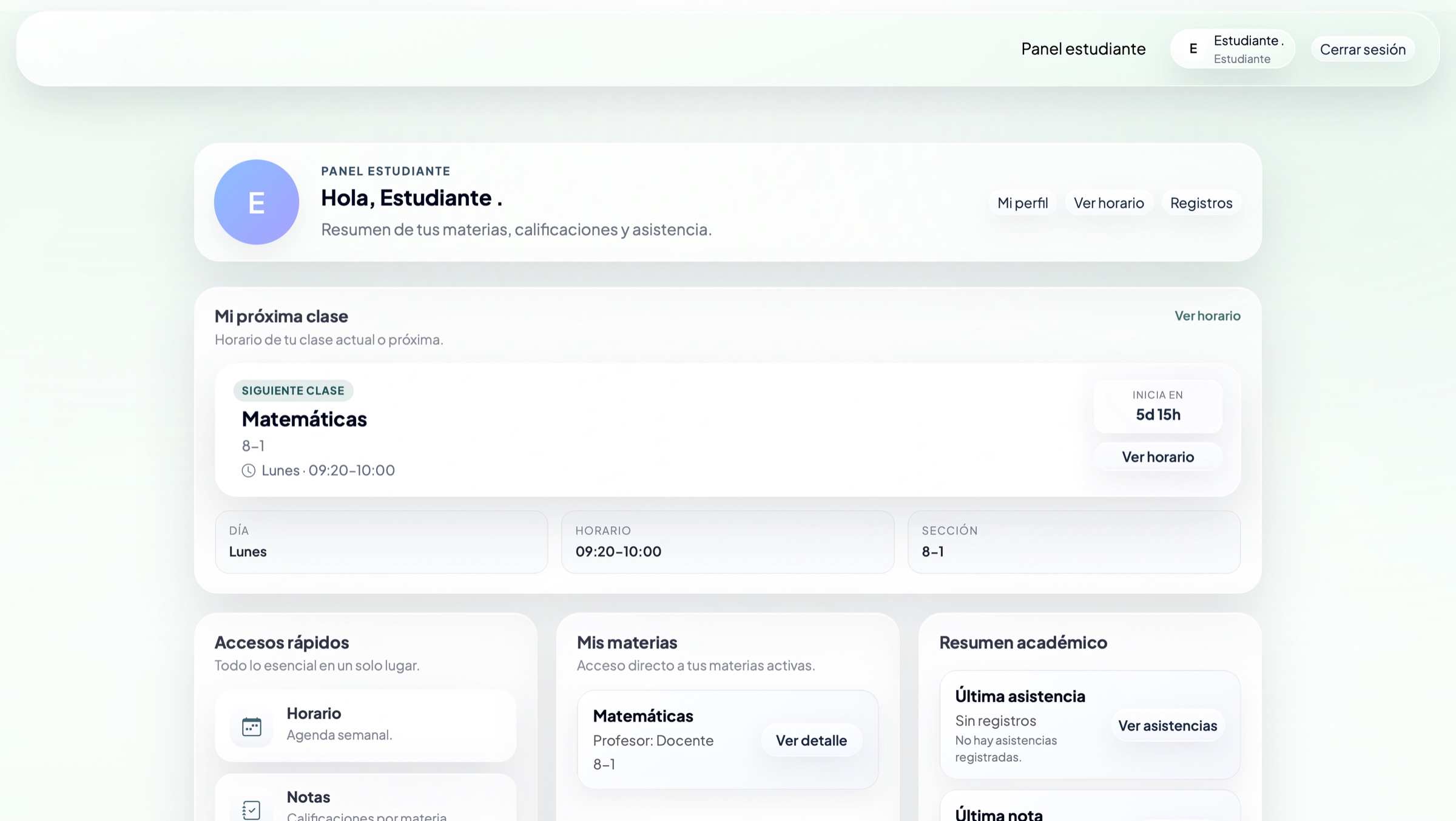 Vista del portal del estudiante