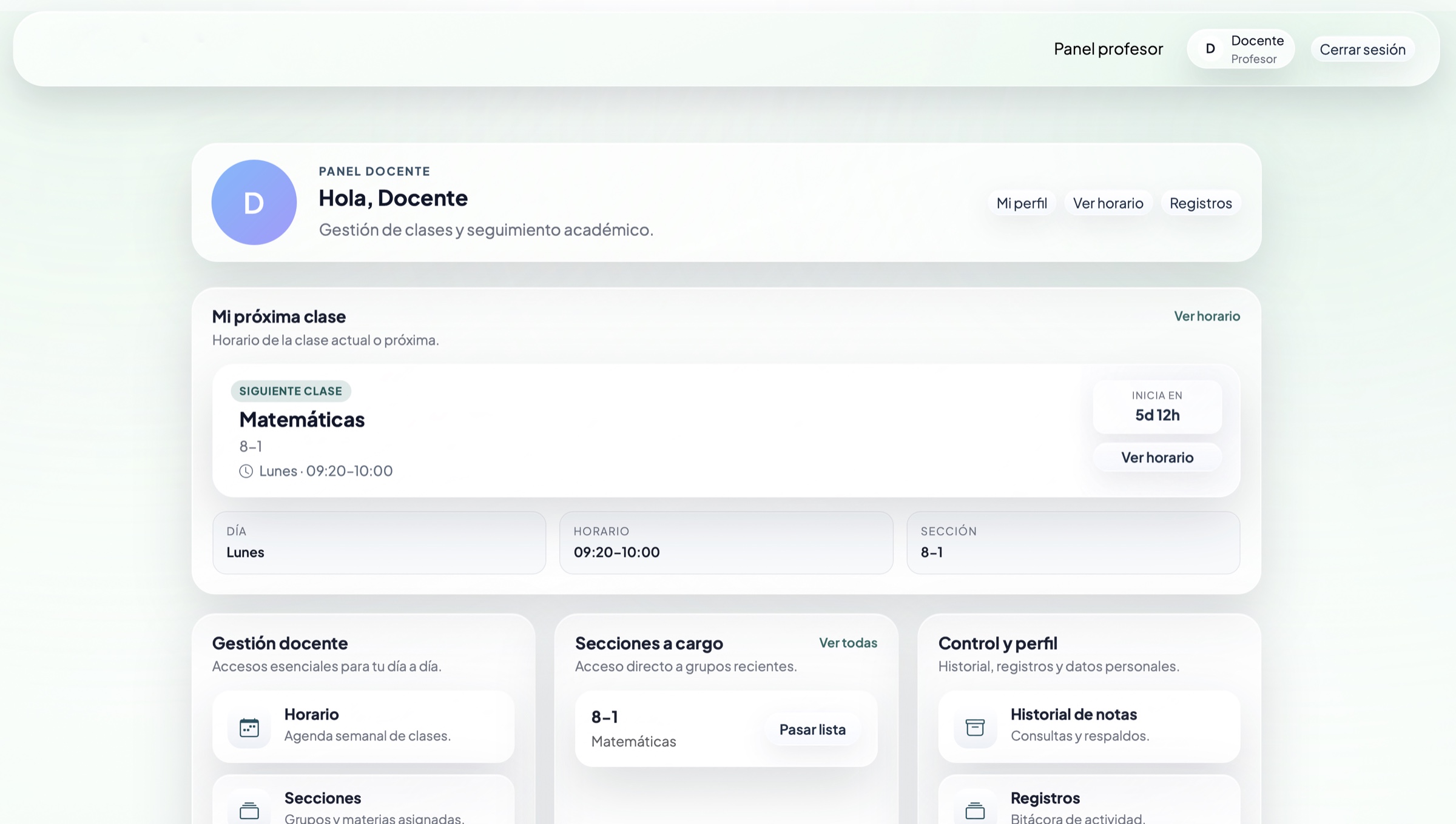 Vista del panel de profesor